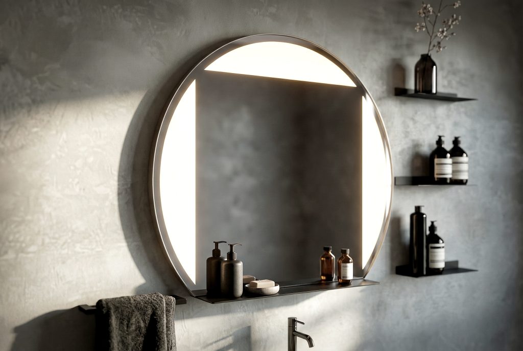 Key Round, specchio circolare con illuminazione integrata Ghost Light, design Massimo Farinatti per Vanità & Casa