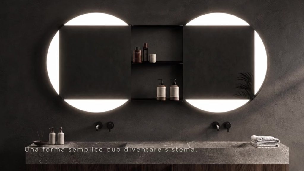 Composizione doppia di Key Round con due specchi circolari illuminati e modulo centrale, design Massimo Farinatti per Vanità & Casa